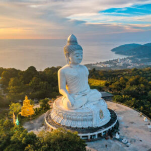 Aerial view of Big Buddha viewpoint at sunset in Phuket province, Thailand. High quality 4k footage
